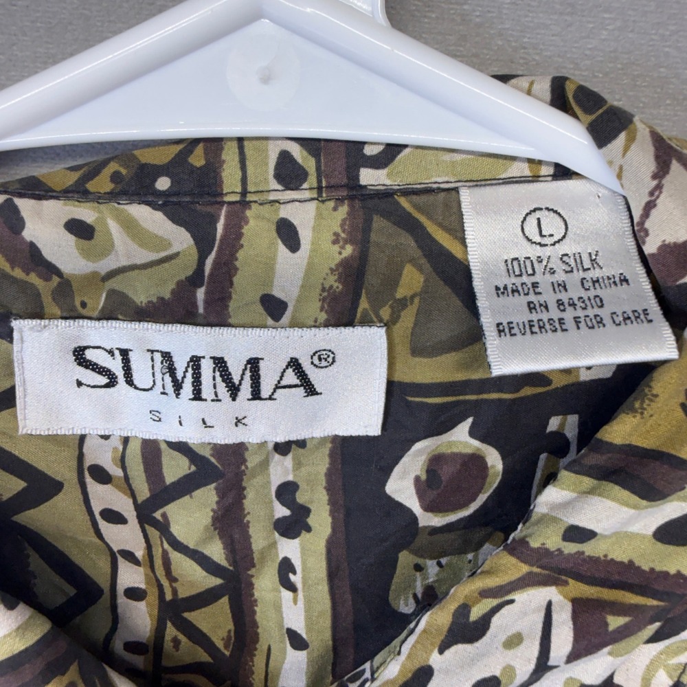 Vintage 90s SUMMA Silk Shirt MNS L Geometric Abstract Tribal Button Up 100% Silk - Picture 4 of 8